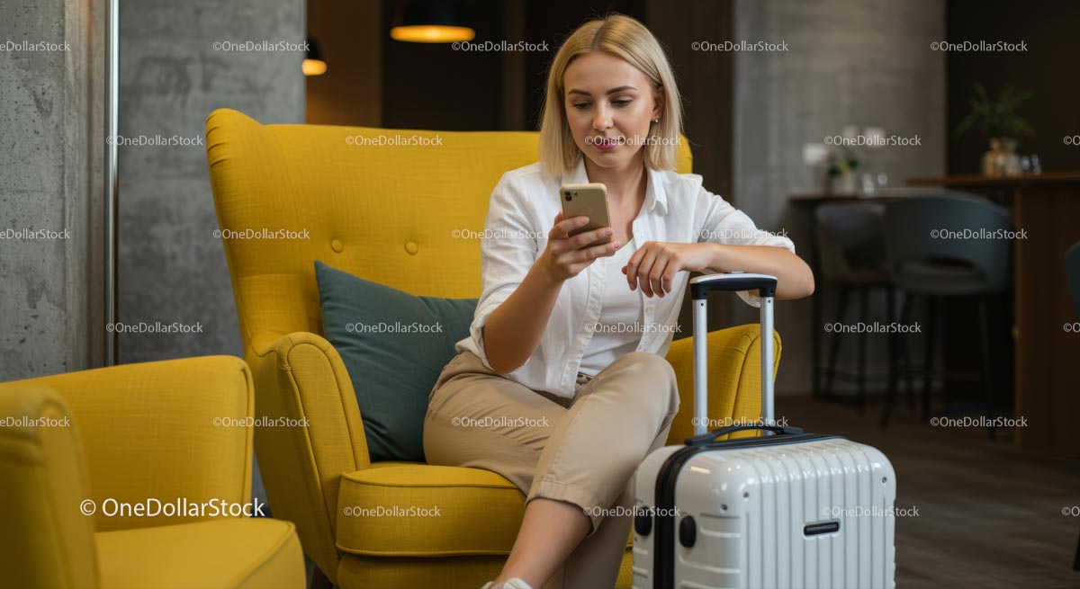 Woman Relaxing in Hotel Lobby with Smartphone and Suitcase