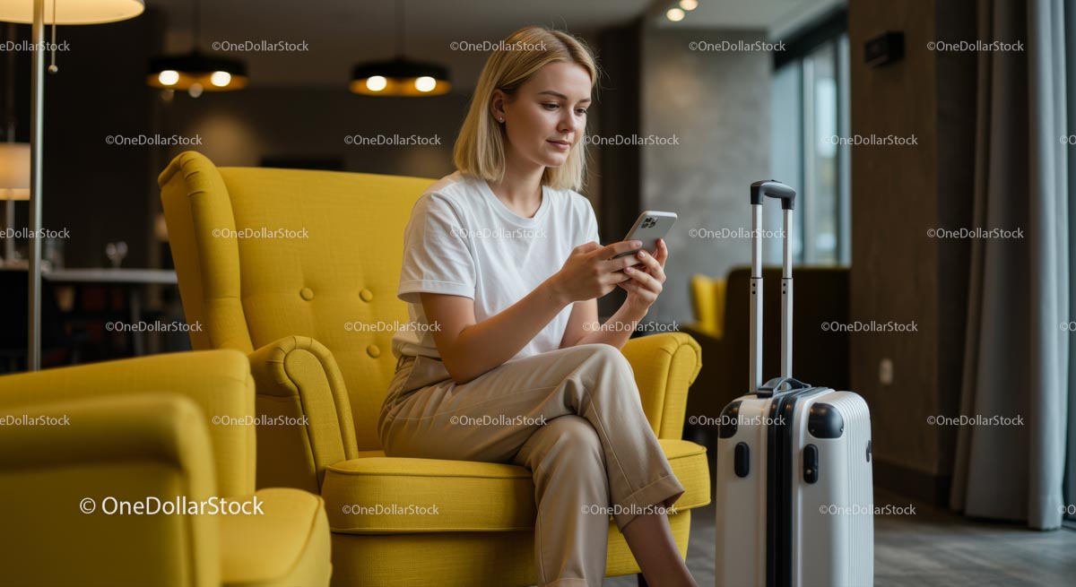 Young Woman Relaxing with Smartphone in Hotel Lobby