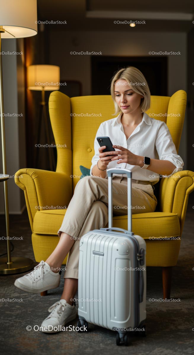 Woman Relaxing with Smartphone in Modern Armchair