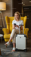 Traveler Relaxing in a Modern Hotel Lobby with Phone