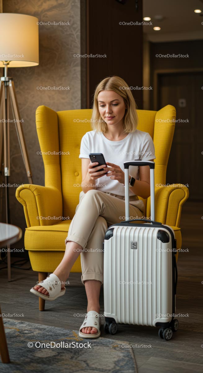 Podróżny relaksujący się w nowoczesnym lobby hotelowym z telefonem