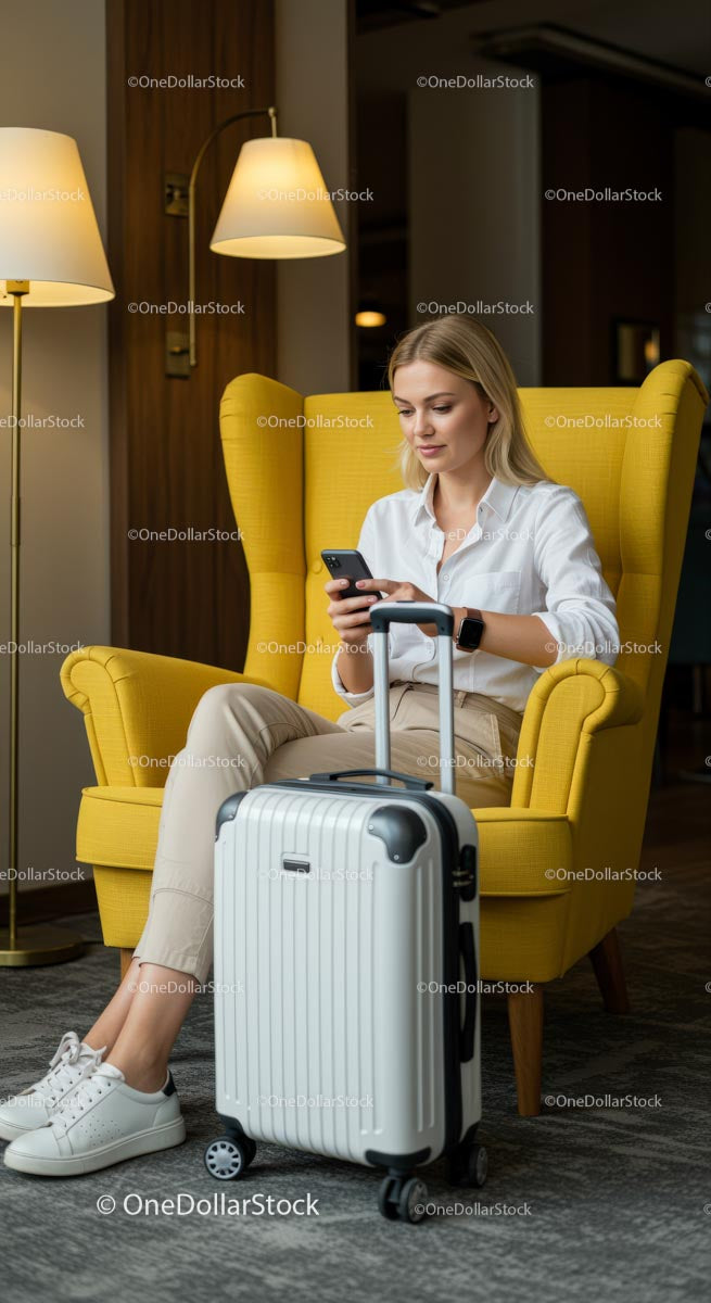 Businesswoman Relaxing in Hotel Lobby with Suitcase