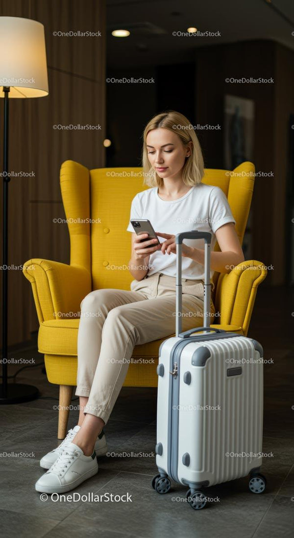 Woman Using Smartphone in Airport Lounge with Luggage