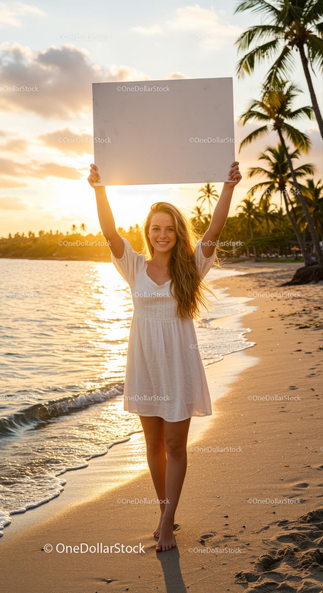 Young Woman Holding Blank Sign on Tropical Beach at Sunset