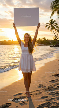 Woman in White Dress Holding Sign at Sunset Beach