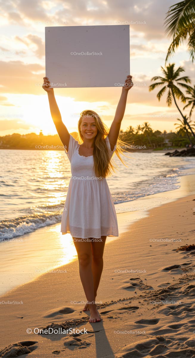Woman in White Dress Holding Sign at Sunset Beach