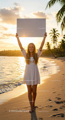 Woman Holding Blank Sign on Tropical Beach at Sunset