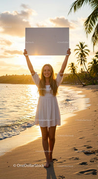 Woman Holding Blank Sign on Tropical Beach at Sunset