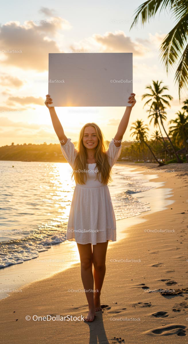 Woman Holding Blank Sign on Tropical Beach at Sunset