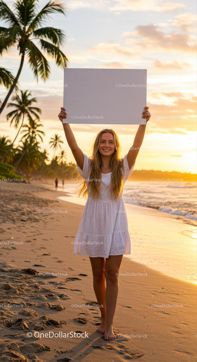 Smiling Woman Holding Sign on Tropical Sunset Beach