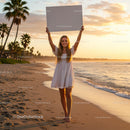 Young Woman with Sign on Tropical Beach at Sunset