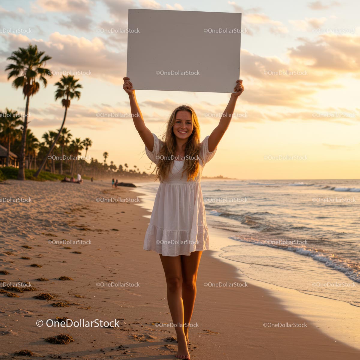 Young Woman Holding Sign on Tropical Beach at Sunset
