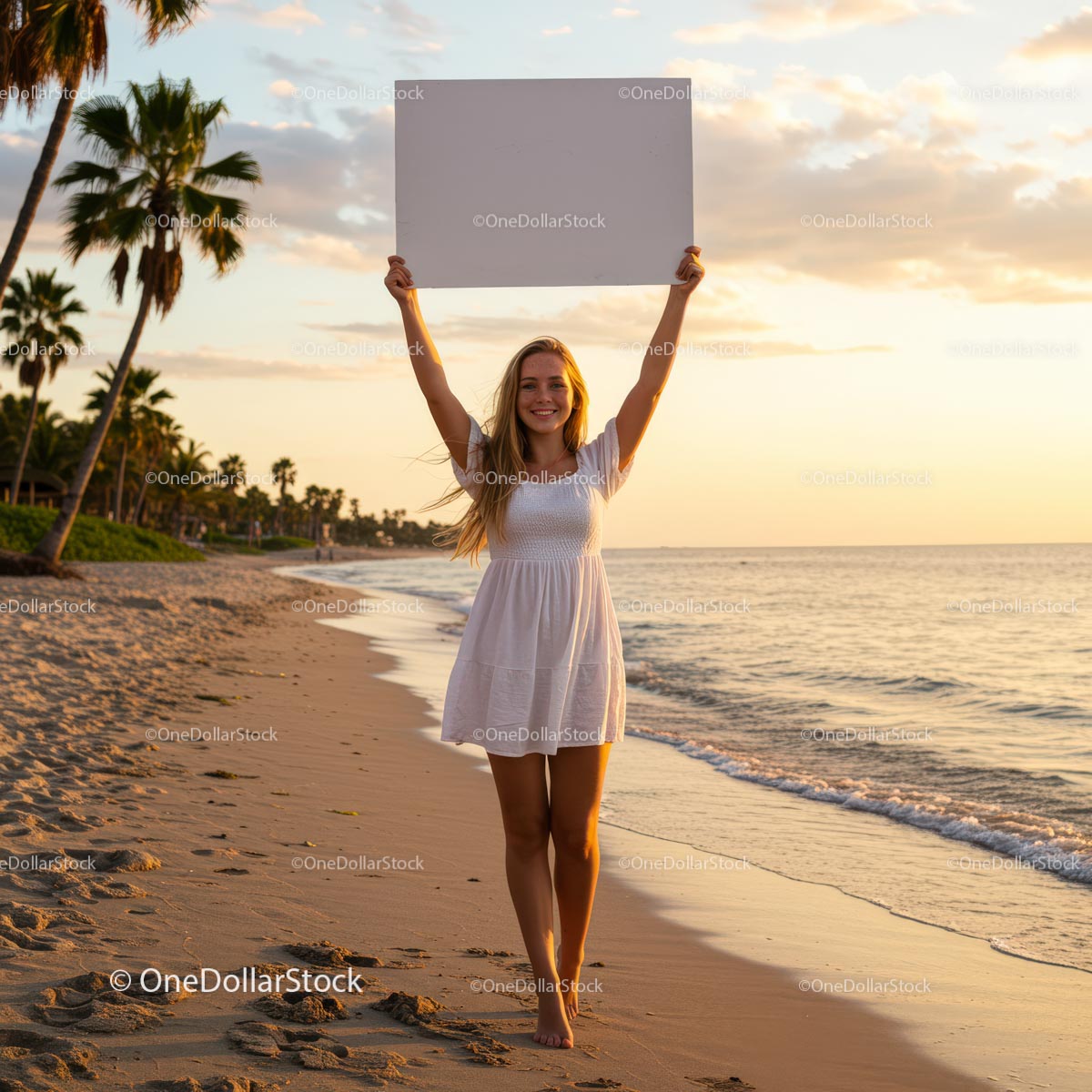 Woman Holding Blank Sign on Oceanfront at Sunset