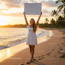 Joyful Woman Holding Blank Sign at Sunset on Tropical Beach