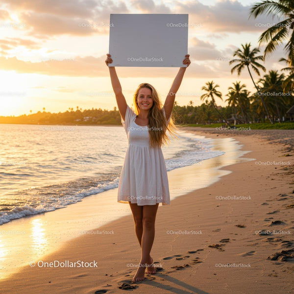 Joyful Woman Holding Blank Sign at Sunset on Tropical Beach