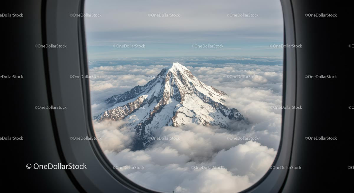 Snow-Capped Mountain Peak from Airplane Window