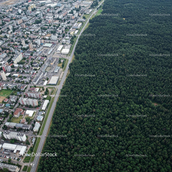 Aerial View of City Meeting Lush Green Forest