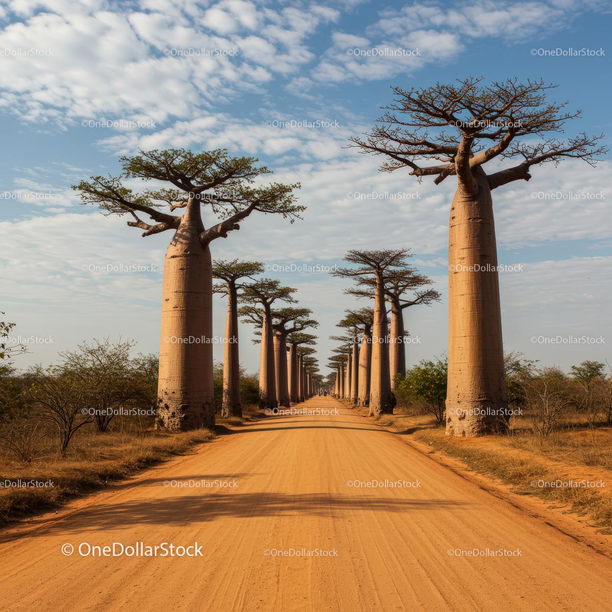 Avenue of Majestic Baobabs under a Blue Sky