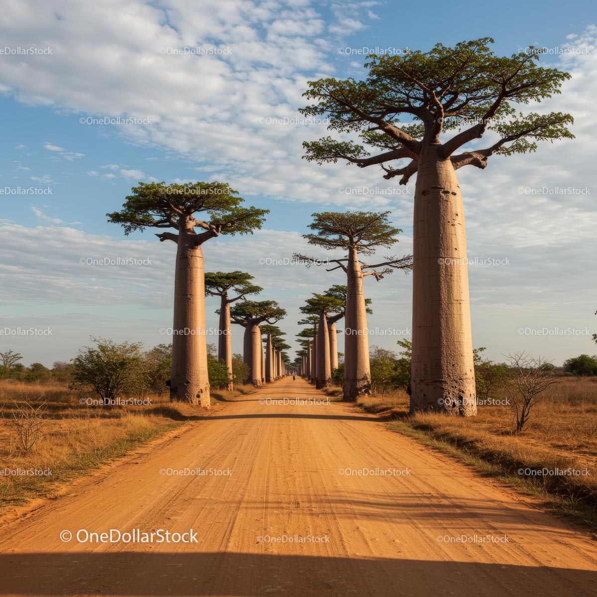 Majestic Baobab Trees Lining a Dusty Road in Madagascar