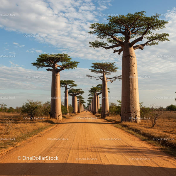 Majestic Baobab Trees Lining a Dusty Road in Madagascar