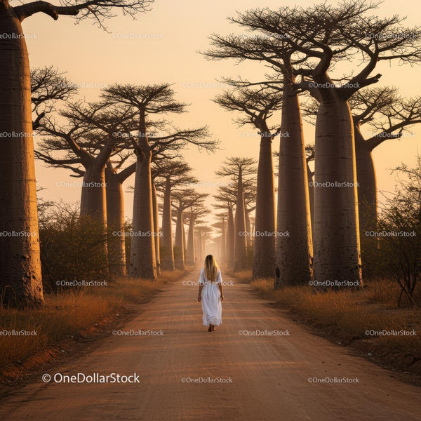 Woman Walking Among Baobab Trees at Sunset