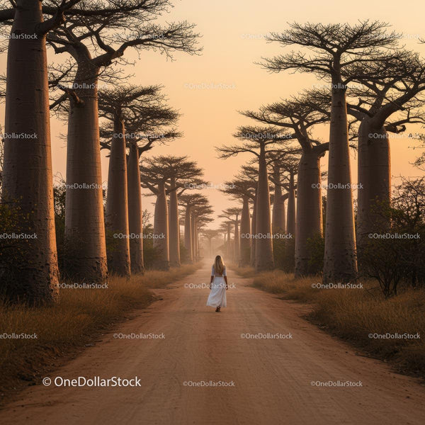 Solitary Walk Among Majestic Baobab Trees at Sunset