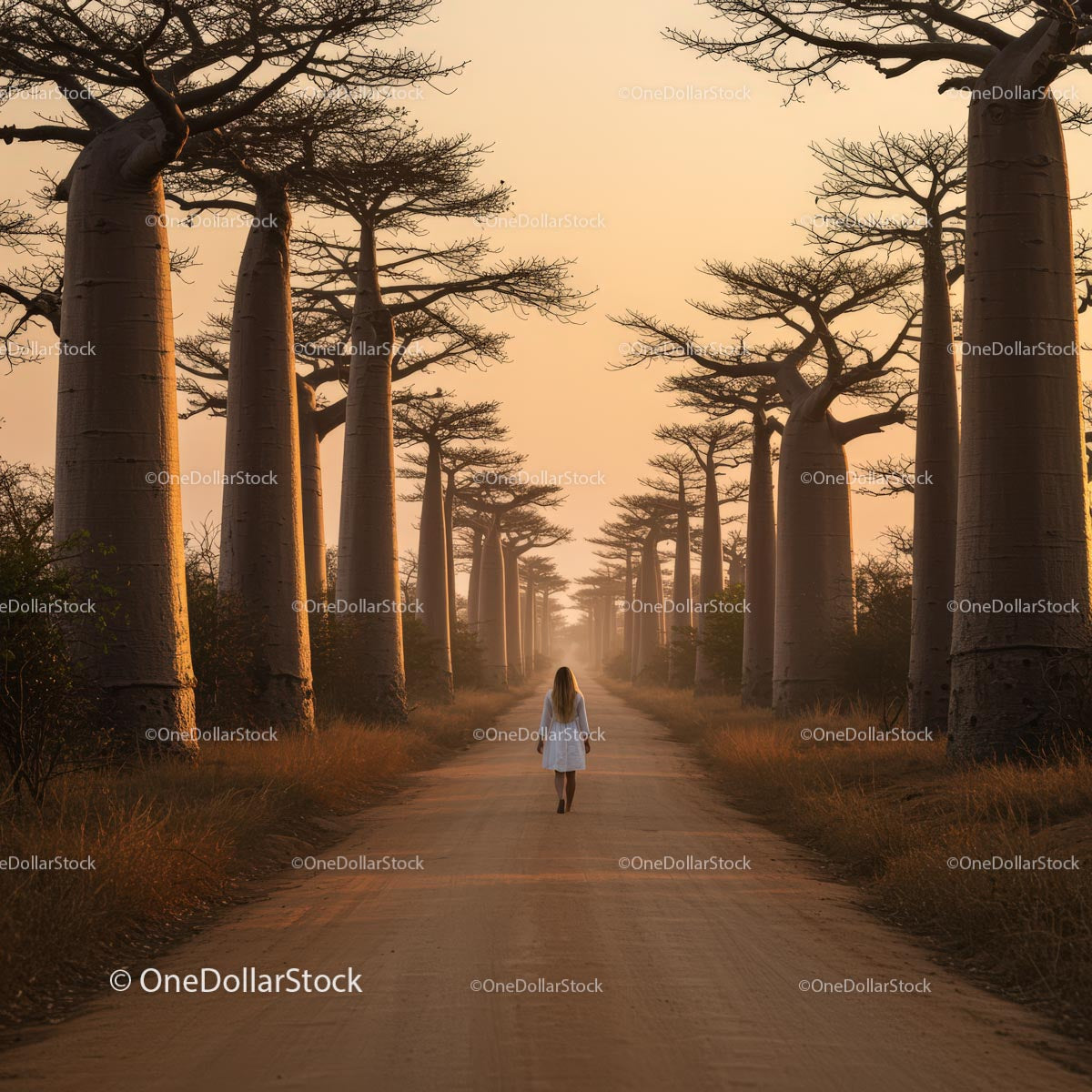 Solitary Walk Among Majestic Baobab Trees at Sunset