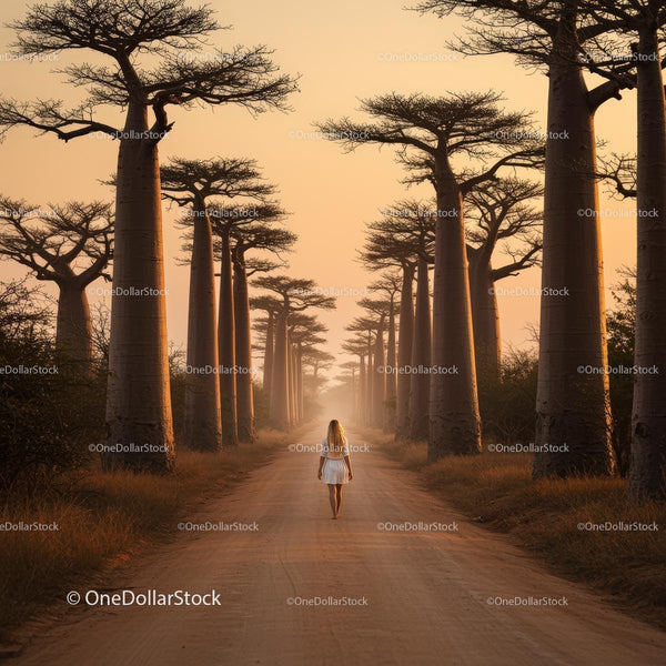 Woman Walking Along Baobab Avenue at Sunset