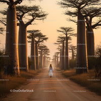Lone Traveler Walking Amidst Majestic Baobabs at Sunset