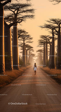 Woman Walking Down Baobab Avenue at Sunset