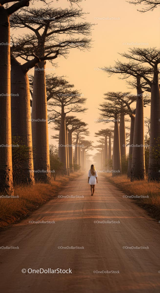 Woman Walking Down Baobab Avenue at Sunset
