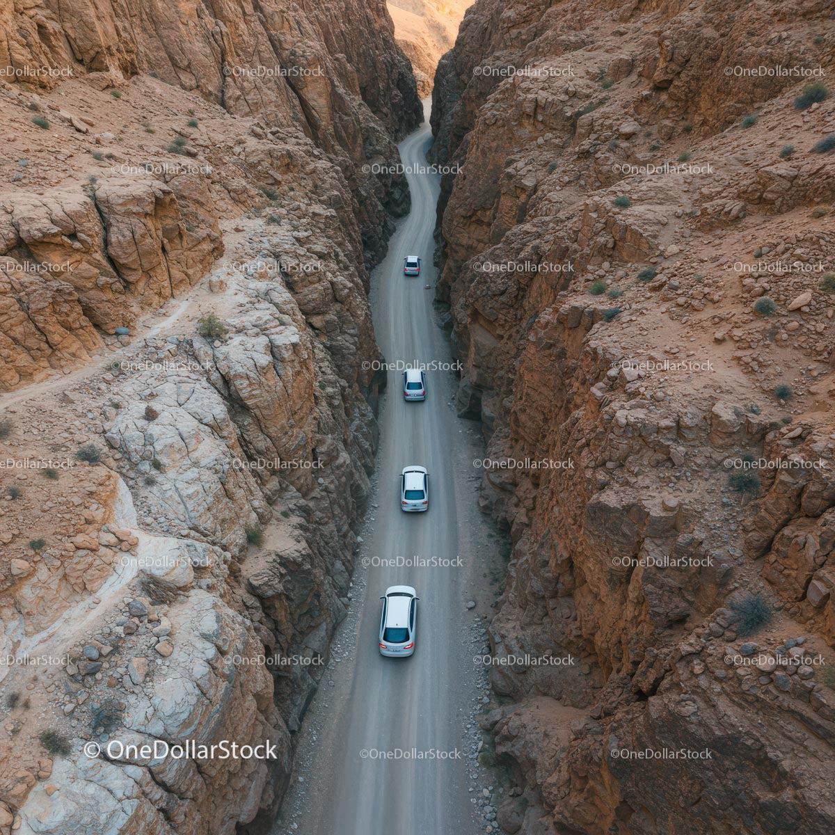 Aerial View of Cars Navigating a Narrow Desert Canyon
