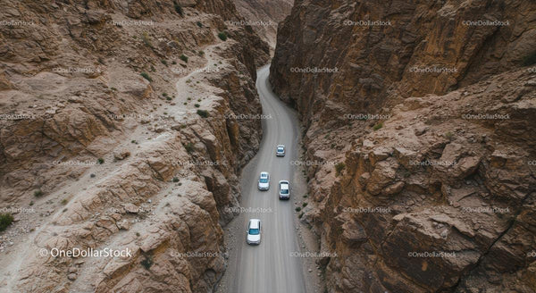 White Cars Navigating Narrow Canyon Road