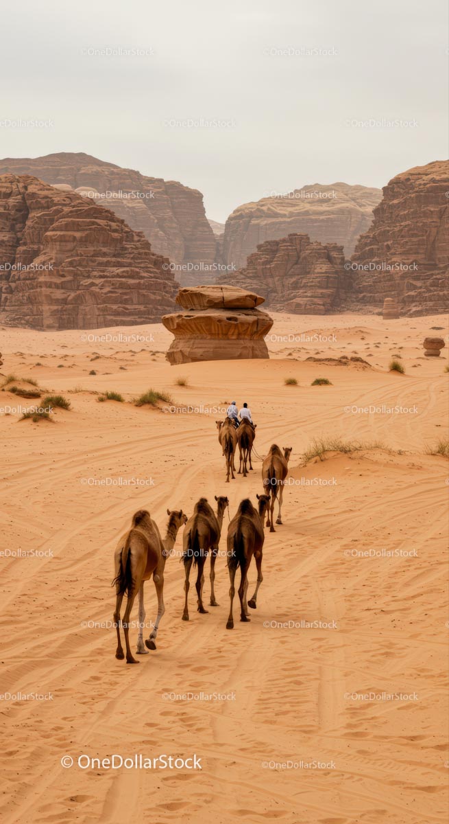Camel Caravan Crossing Sandy Desert Landscape