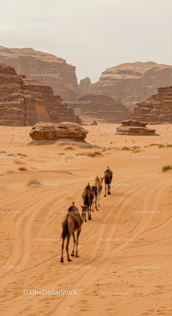Camels Journeying Through Rugged Desert Landscape