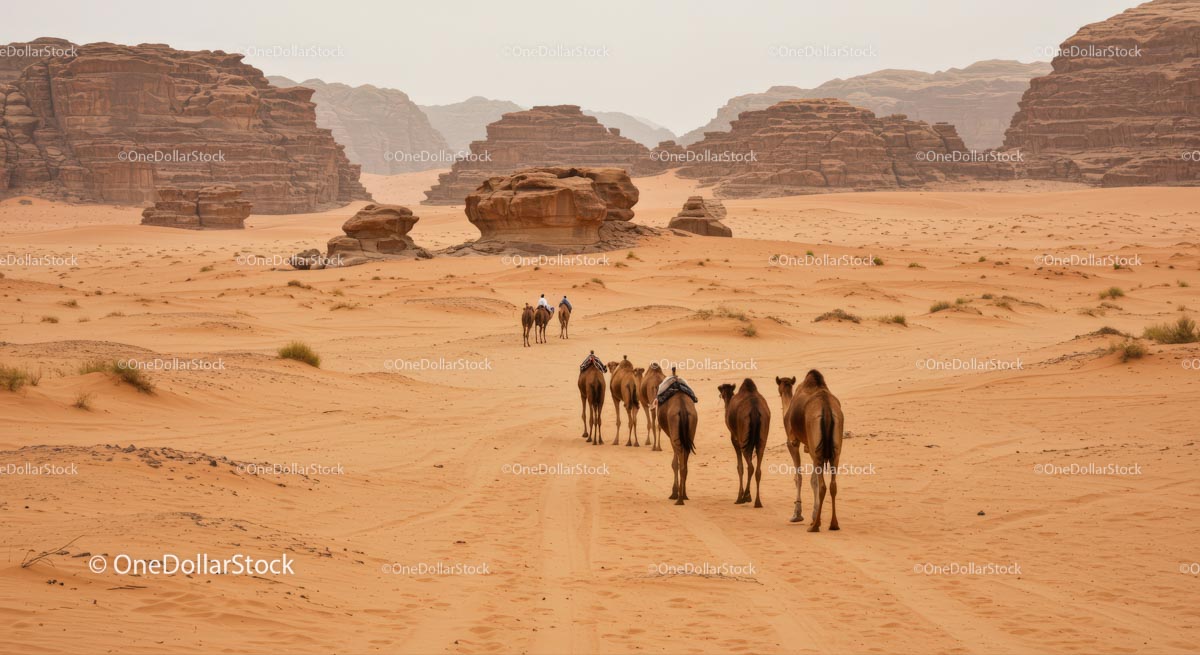 Camel Caravan Crossing Dramatic Desert Landscape