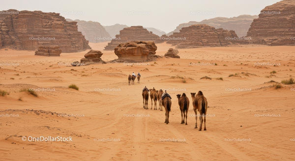 Camel Caravan Crossing Dramatic Desert Landscape