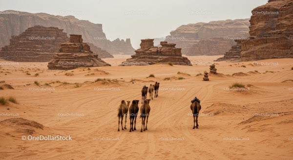Caravan of Camels in Majestic Desert Landscape