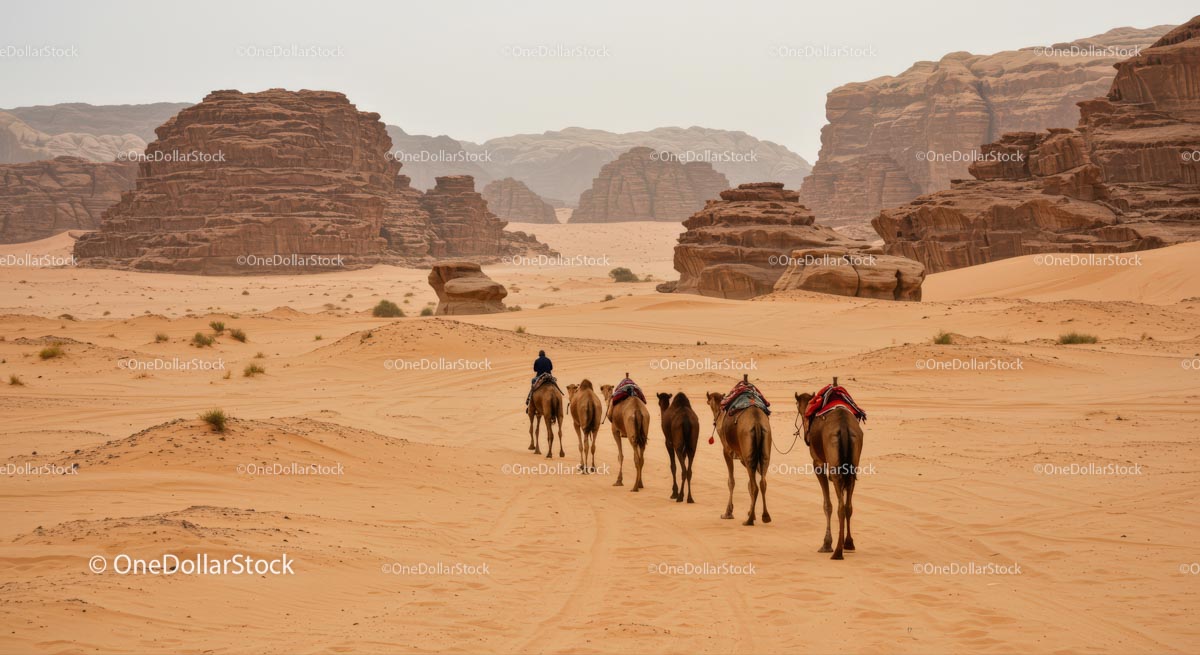 Karawana wielbłądów przemierzająca rozległą pustynię Wadi Rum