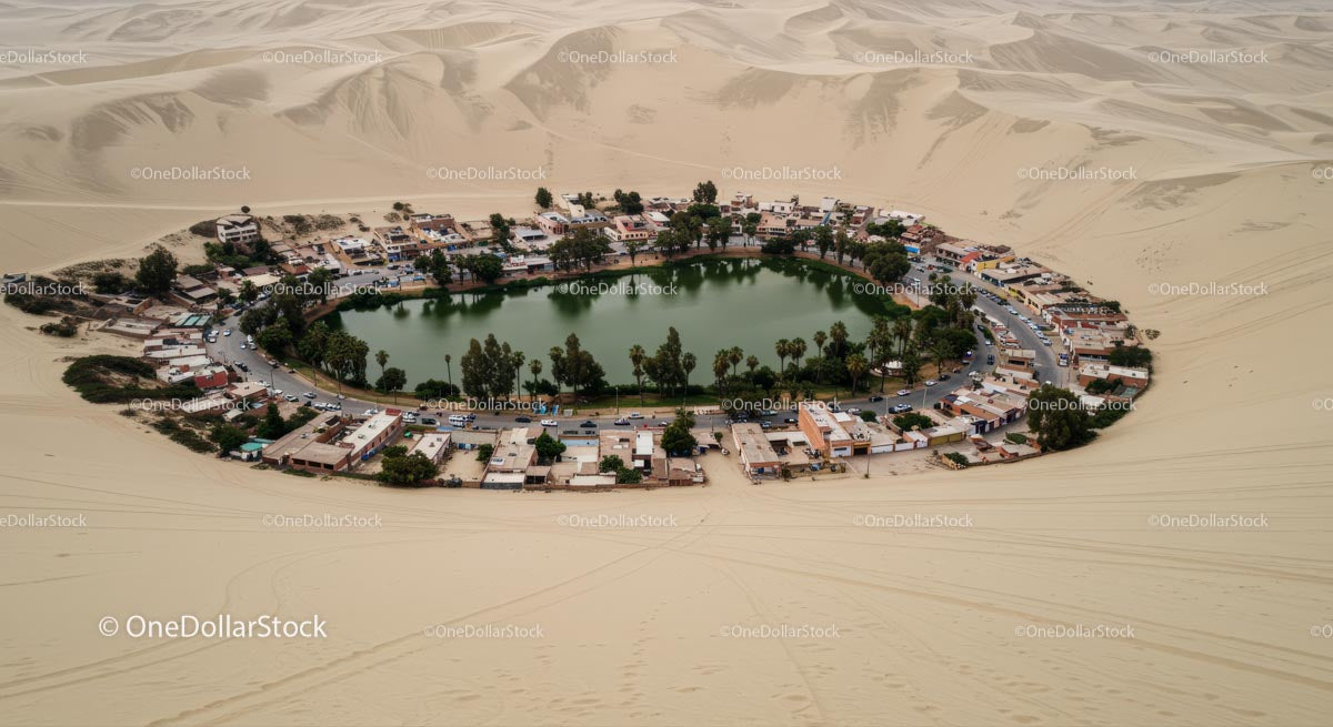 Aerial View of Desert Oasis Surrounded by Sand Dunes