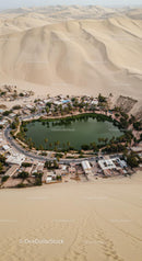 Aerial View of Huacachina Oasis Surrounded by Sand Dunes