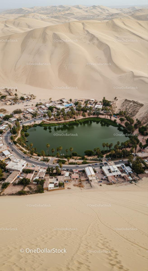 Aerial View of Huacachina Oasis Surrounded by Sand Dunes