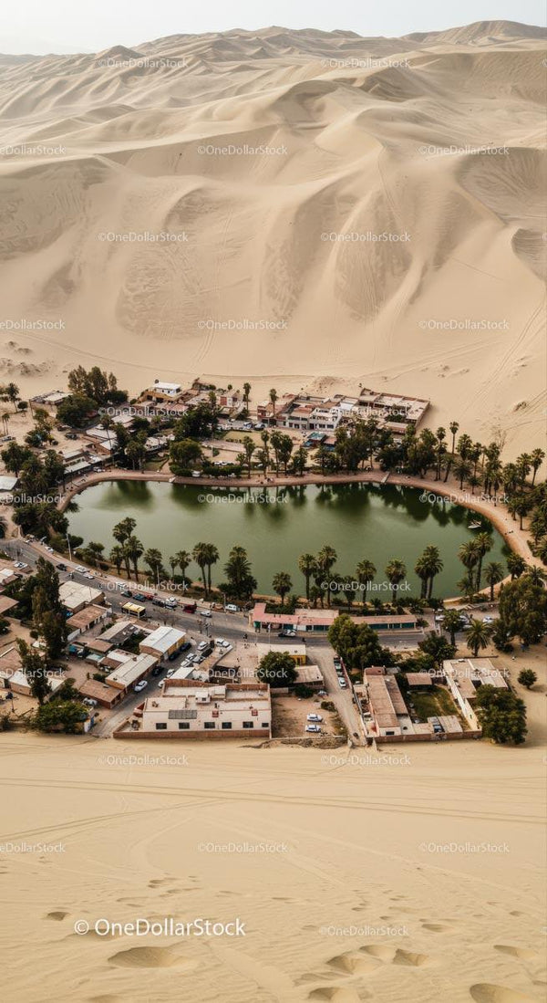 Desert Oasis with Quaint Village and Palm Trees