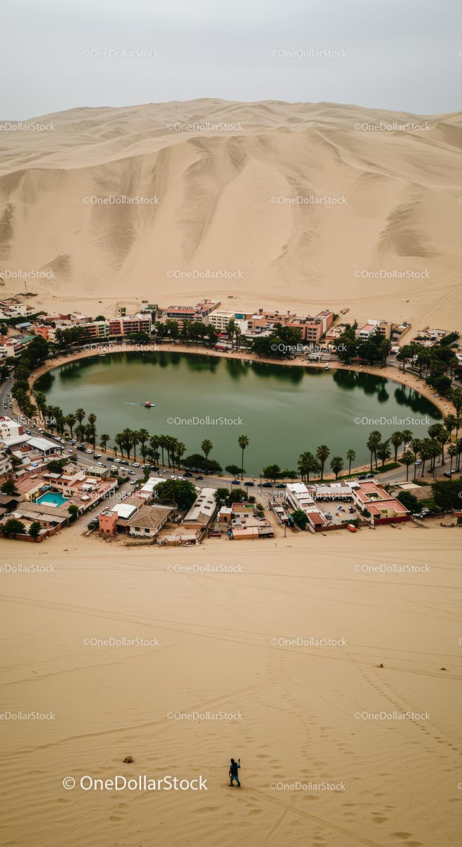 Aerial View of Huacachina Oasis in the Peruvian Desert