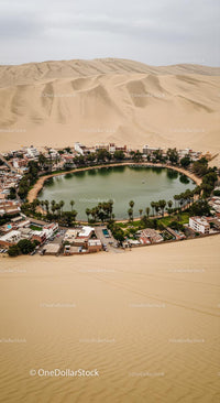 Scenic Oasis Village Surrounded by Majestic Sand Dunes