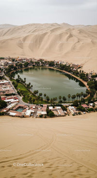 Aerial View of Huacachina Oasis in the Sand Dunes