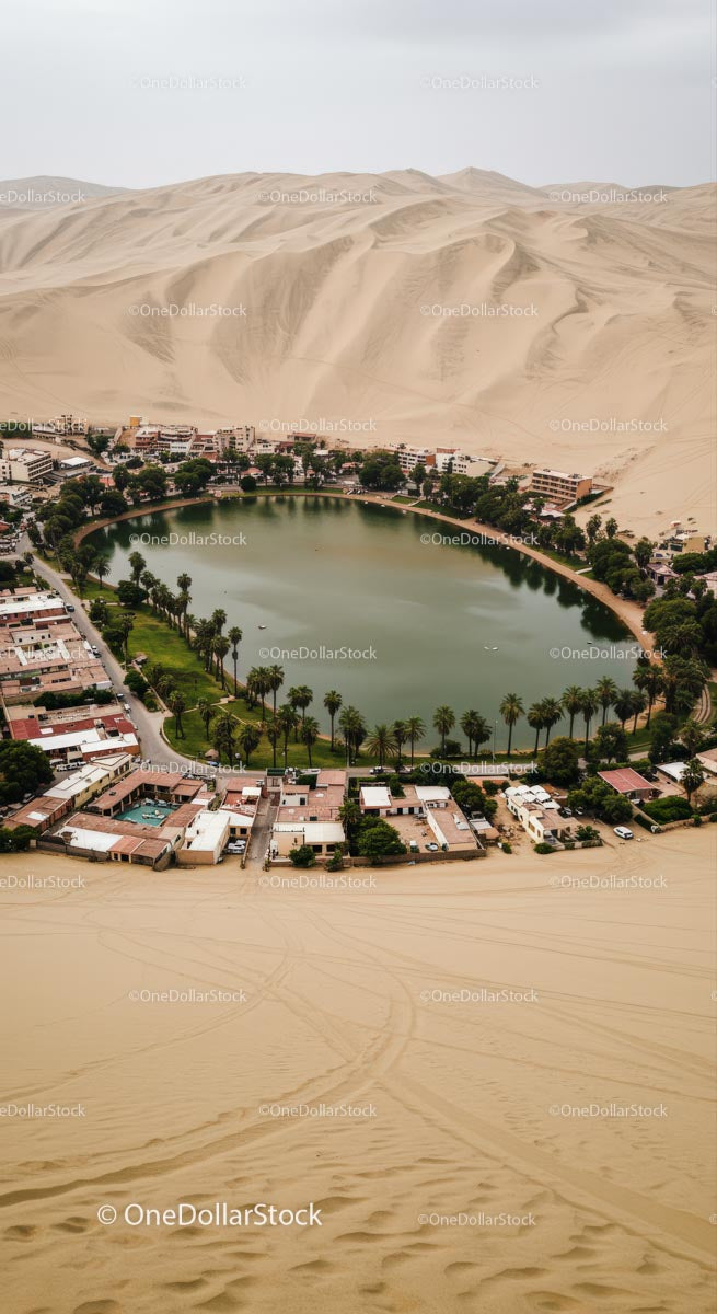 Aerial View of Huacachina Oasis in the Sand Dunes