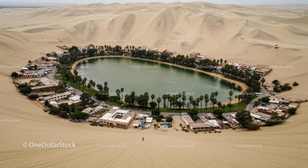 Aerial View of Huacachina Oasis Amidst Sand Dunes