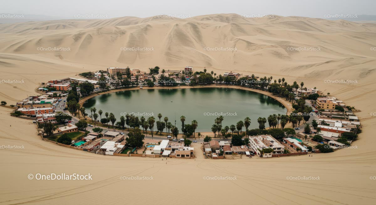 Huacachina Oasis Surrounded by Sandy Desert Dunes