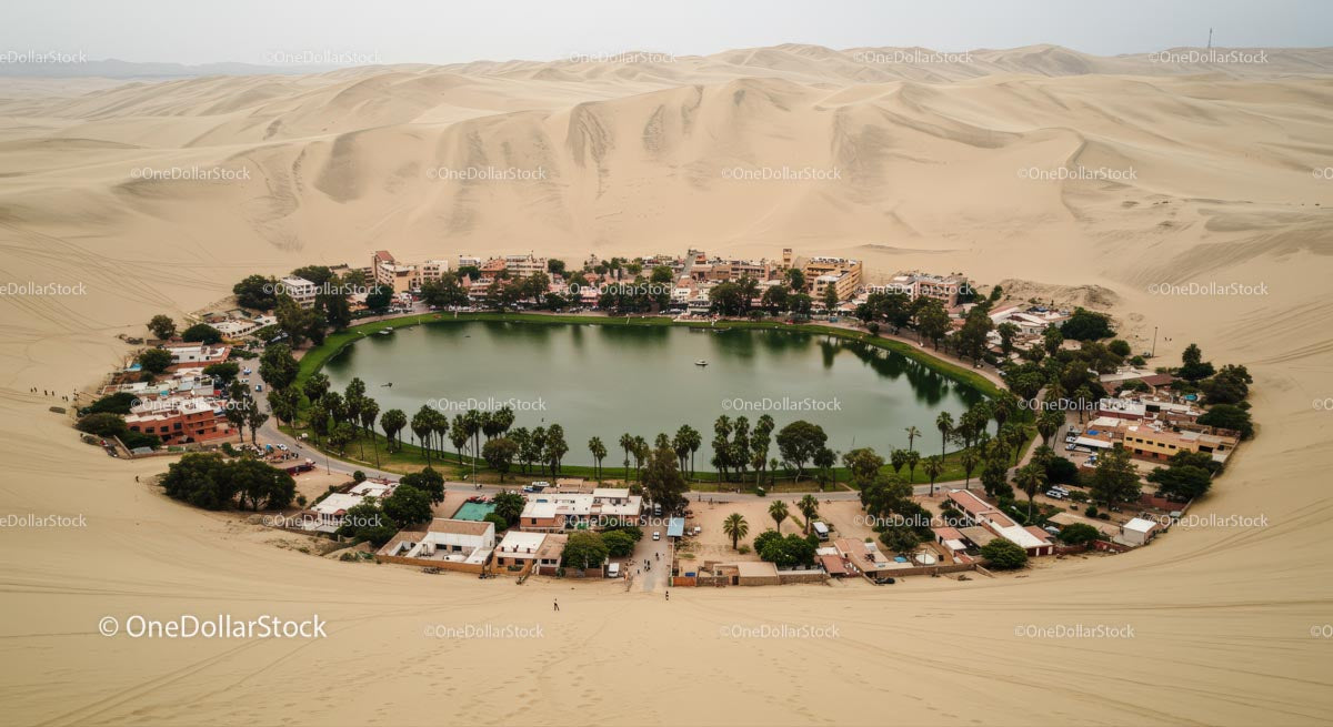 Picturesque Oasis Amidst Vast Desert Dunes